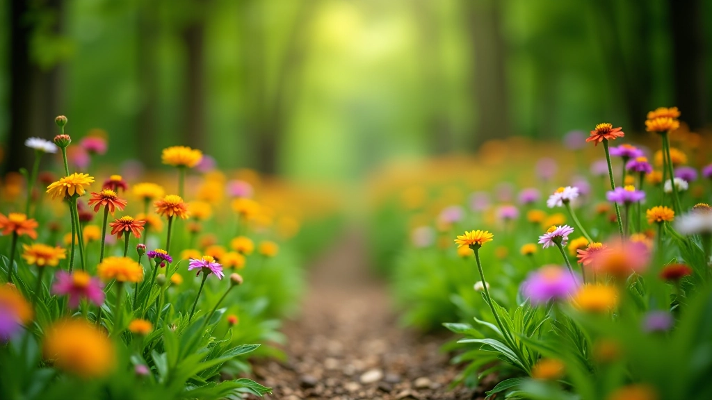 Close-up of wildflowers growing along a shaded forest path in Pálava hills