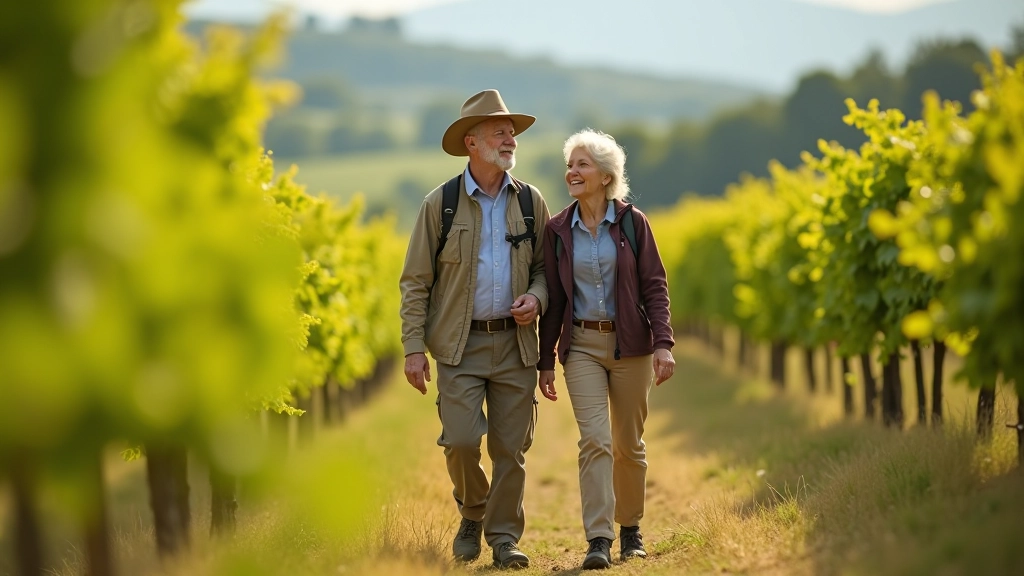 Senior couple walking on dirt trail through vineyards, smiling, casual hiking clothes, sunny weather