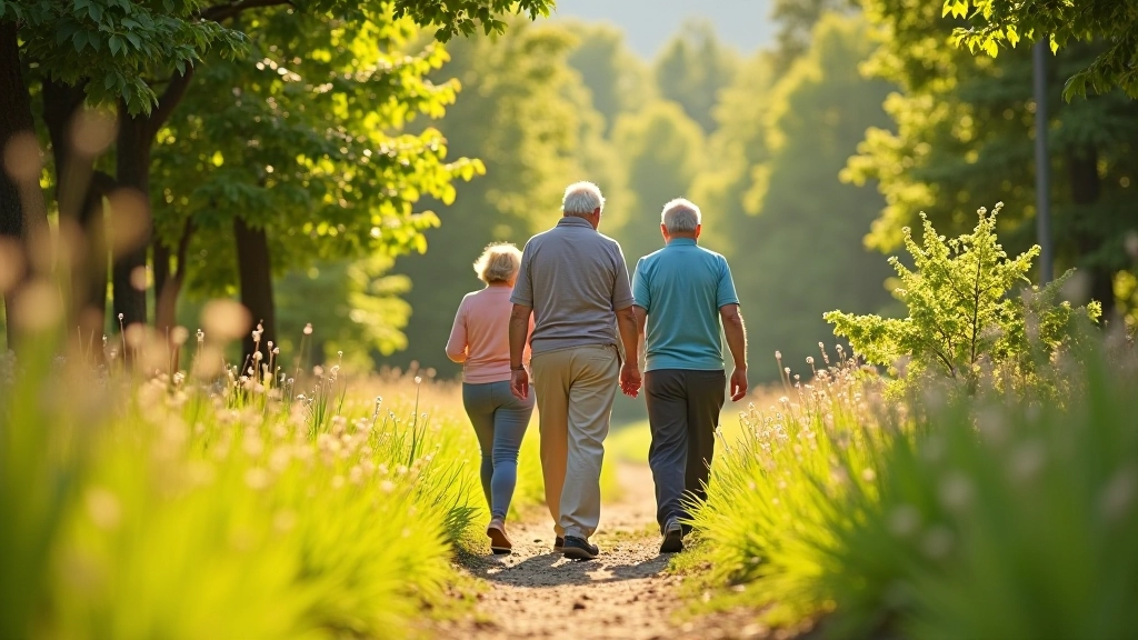 Group of older adults walking on a gentle trail