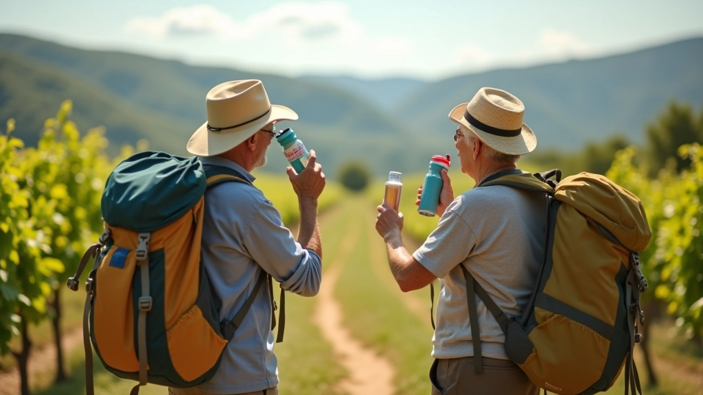 Two hikers on a Pálava trail stopping at a scenic viewpoint to drink water, with one holding a reusable water bottle, landscape of vineyard valleys visible below