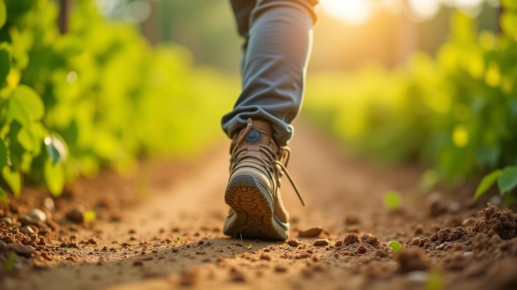 Close-up of a hiking boot on a well-maintained dirt trail, with green vegetation and vineyard posts visible in background