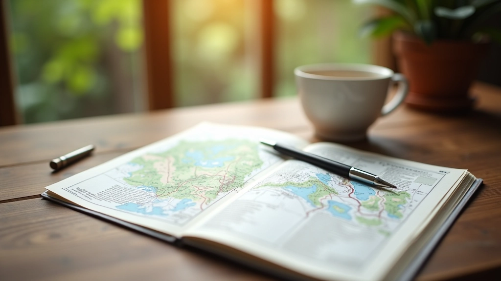 Person writing in a hiking journal with trail map and pen on wooden table, coffee cup and notebook visible