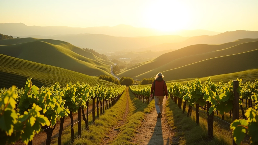 Scenic view of rolling Pálava hills with vineyard rows in foreground, hiking trail visible winding through landscape, golden hour lighting