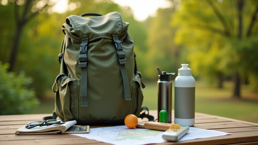 Lightweight hiking backpack laid out with essential items organized neatly, including water bottle, sun hat, trail snacks, and map on a wooden surface
