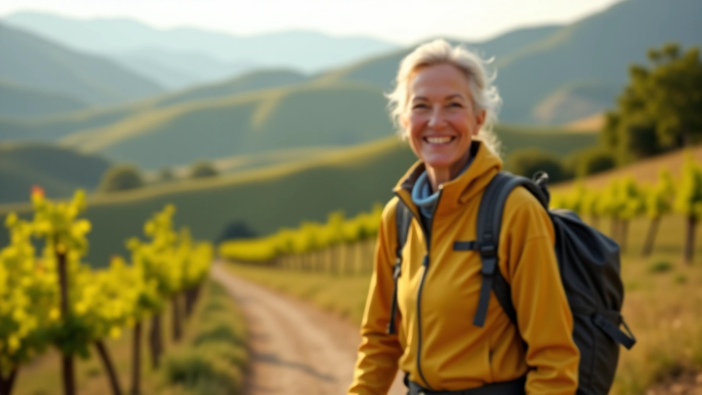 Active senior hiker enjoying vineyard trail views in Pálava hills