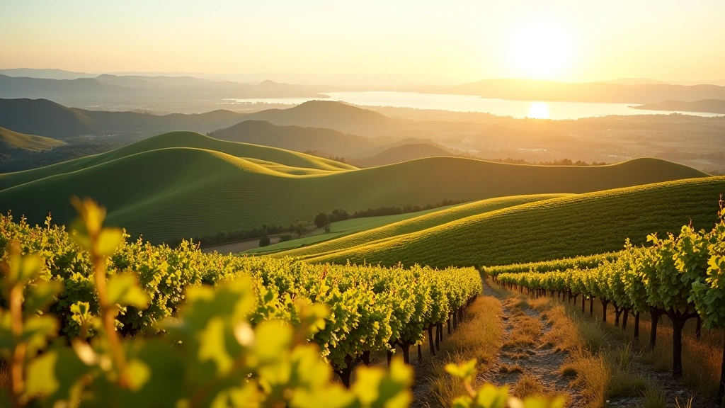 Panoramic view of Pálava hills with vineyard terraces and winding hiking trail in foreground