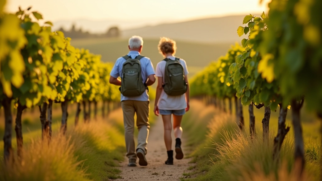 Older adult couple walking on a scenic vineyard trail in rolling hills, morning sunlight, green vegetation surrounding the path