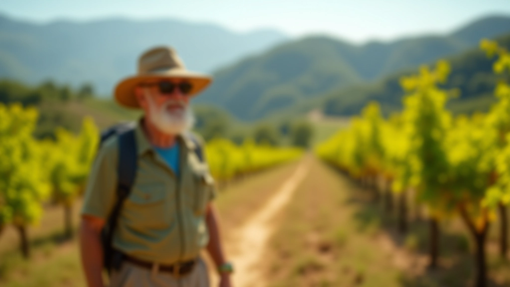 Senior hiker wearing sun hat and sunglasses on a bright day on Pálava trail, mountains and vineyards visible in background, demonstrating proper sun protection gear