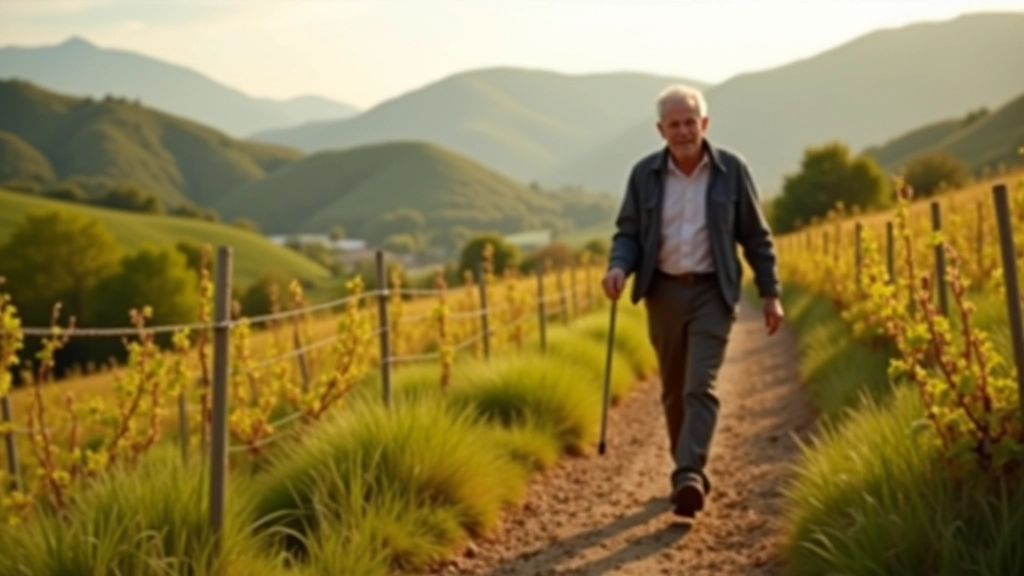 Senior hiker performing leg swing exercises on a trail overlooking vineyard hills