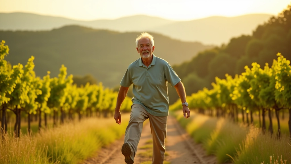 Older adult person stretching their leg on a hiking trail, with rolling vineyard hills and stone markers visible in the background