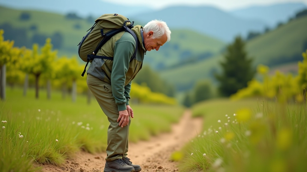 Senior hiker touching their toes in a forward bend stretch on a trail