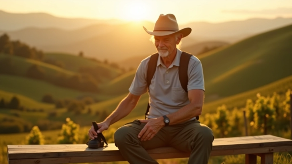 Senior person sitting on a trail bench doing hamstring stretches after a hike