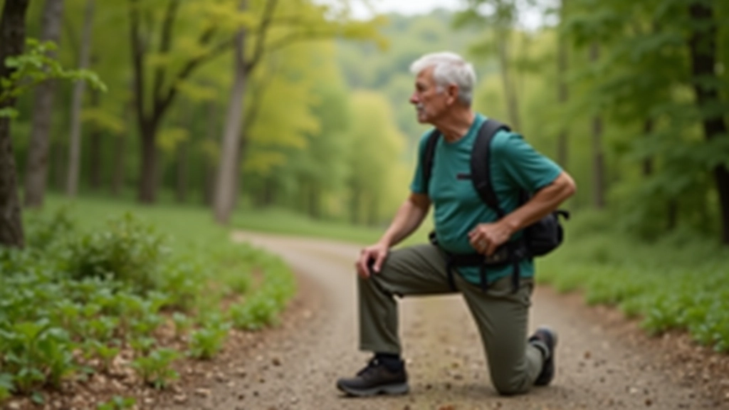 Close-up of a senior person's hands holding their knee during a stretching exercise on a forest trail