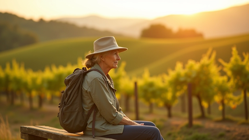 Senior woman sitting on a wooden bench overlooking Pálava vineyards, taking a rest break on a sunny afternoon