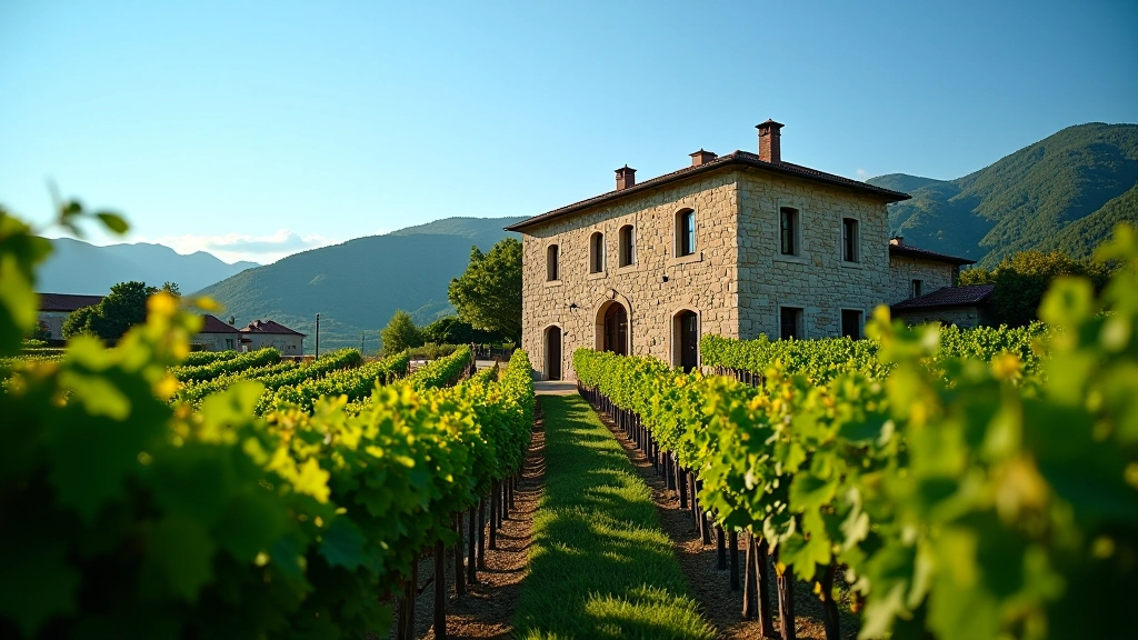 Historic stone winery building nestled among green vineyards on a hillside, blue sky, traditional European architecture