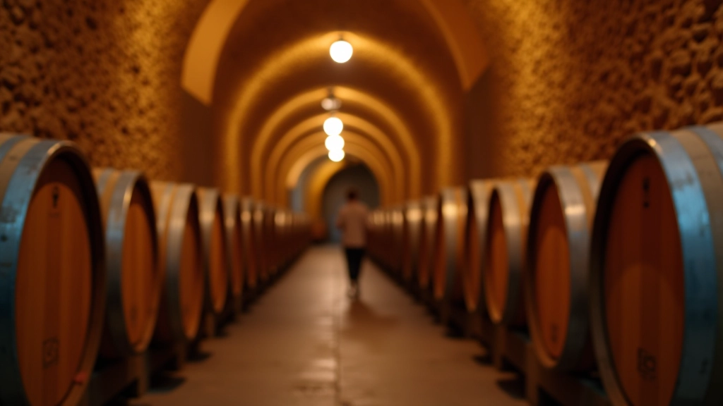 Interior of historic wine cellar with wooden barrels, stone walls, dim warm lighting, vintage bottles on shelves