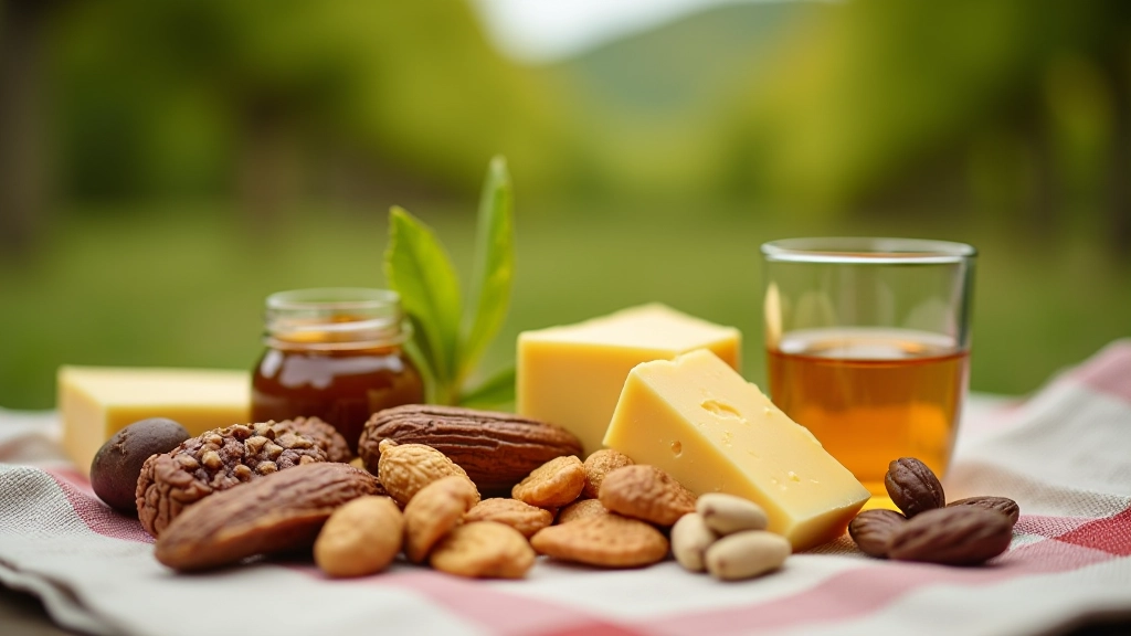 Selection of hiking snacks including nuts, dried fruit, energy bars, and cheese arranged on a checkered cloth at a trail rest stop with scenic Pálava views
