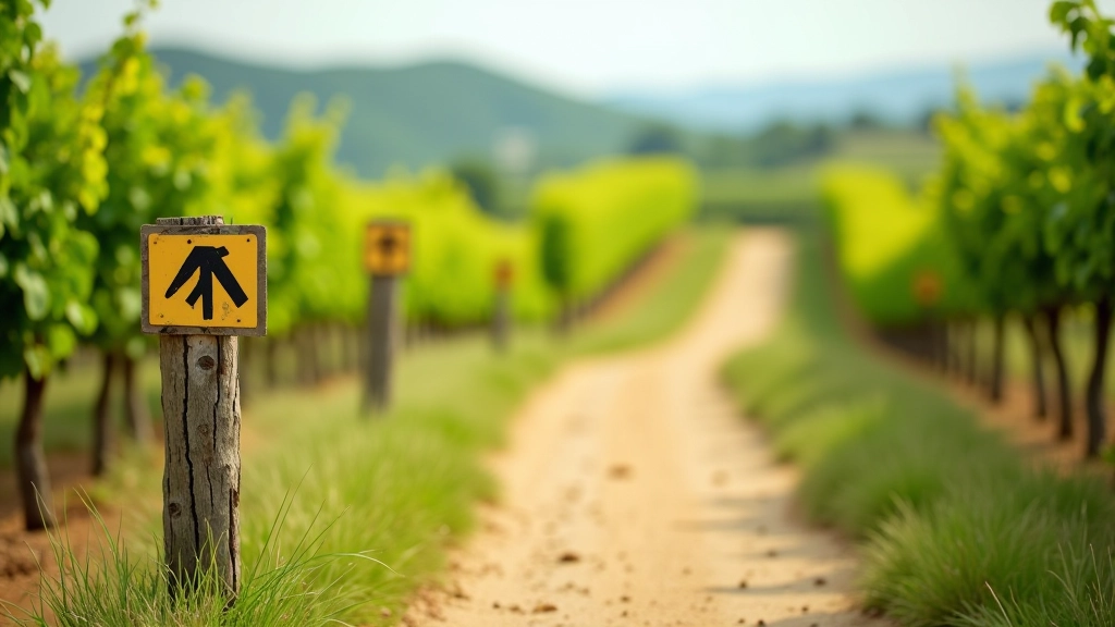 Traditional vineyard marker posts along a well-maintained dirt hiking path