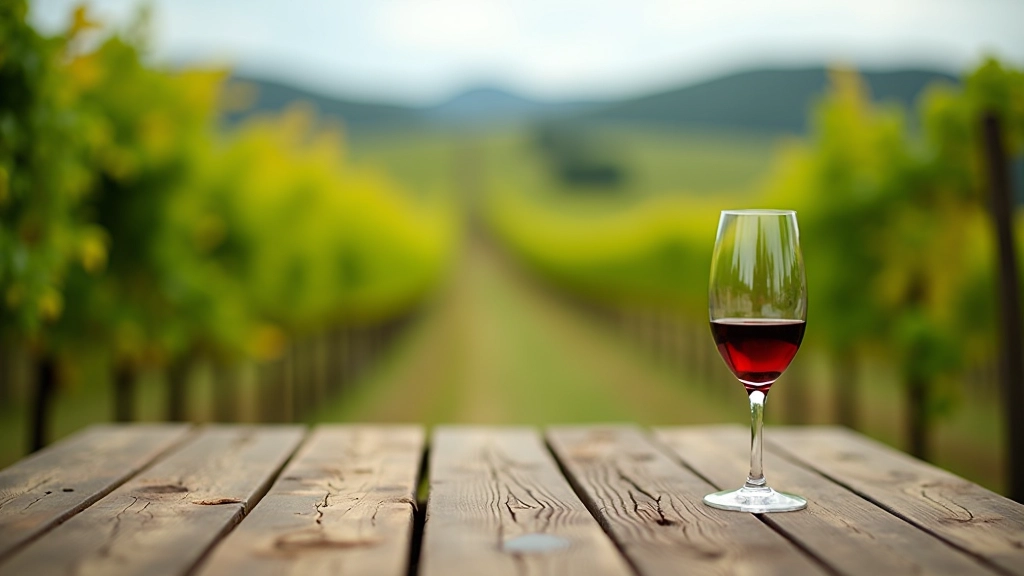 Wine glasses on outdoor table with vineyard view, afternoon light, grapes and bread nearby