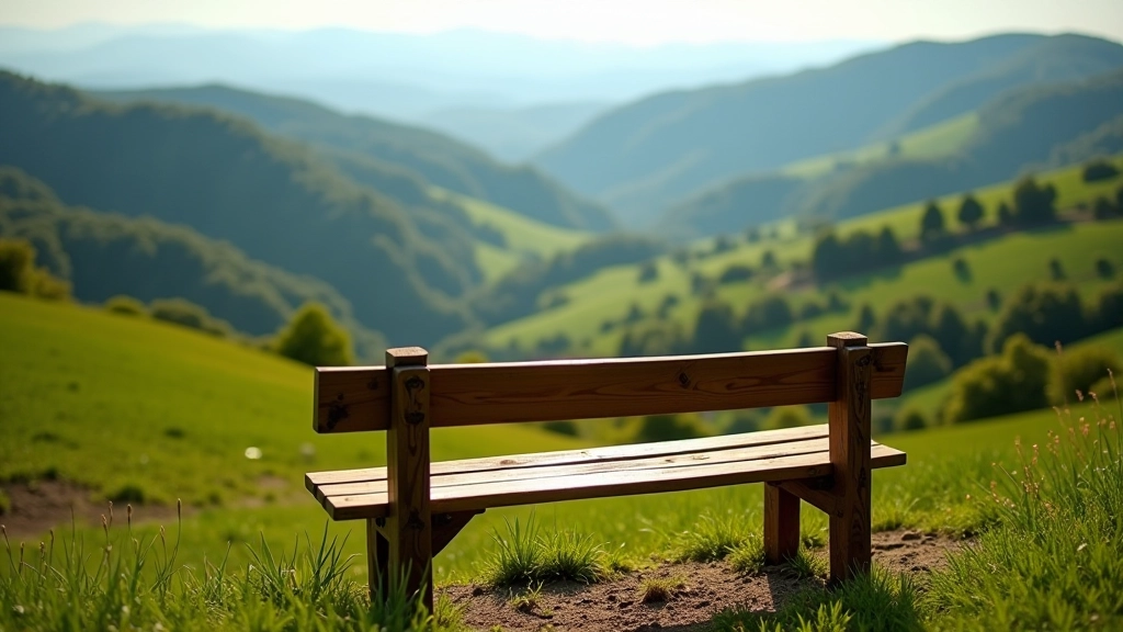 Stone bench overlooking vineyard valley with comfortable seating for hikers to rest