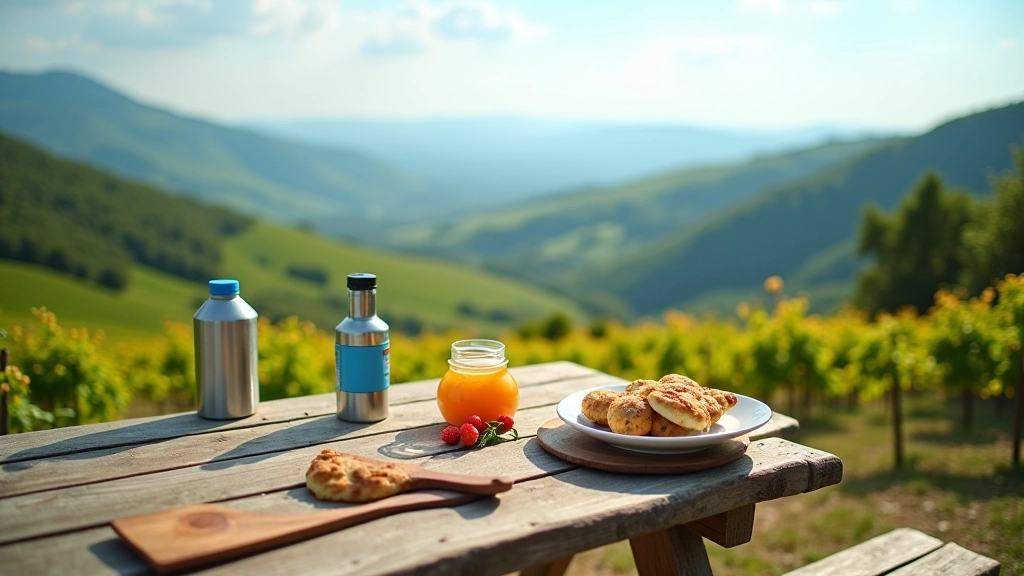 Wooden picnic table set up on a hilltop overlooking vineyard valleys, with snacks and water bottles arranged on the table